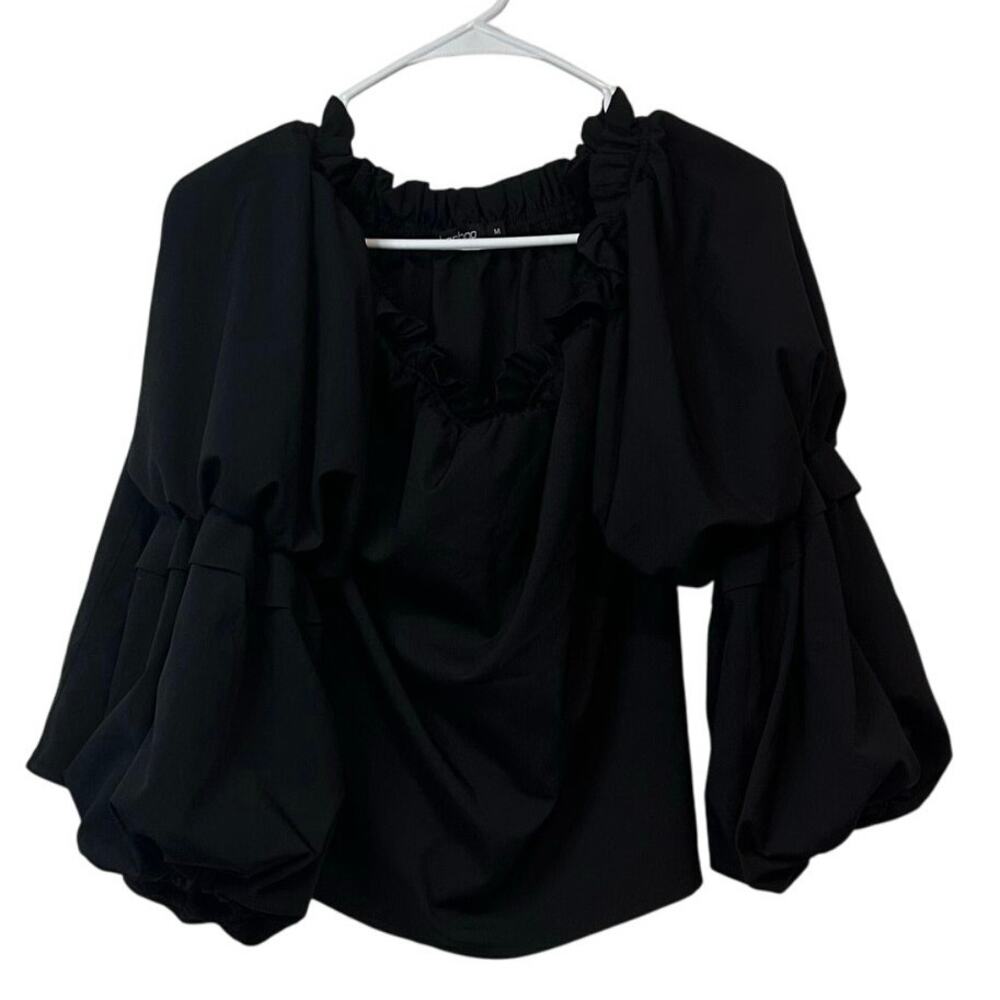 Boohoo Women's Balloon Puff Sleeve Off Shoulder Peasant Crop Blouse Size M Black